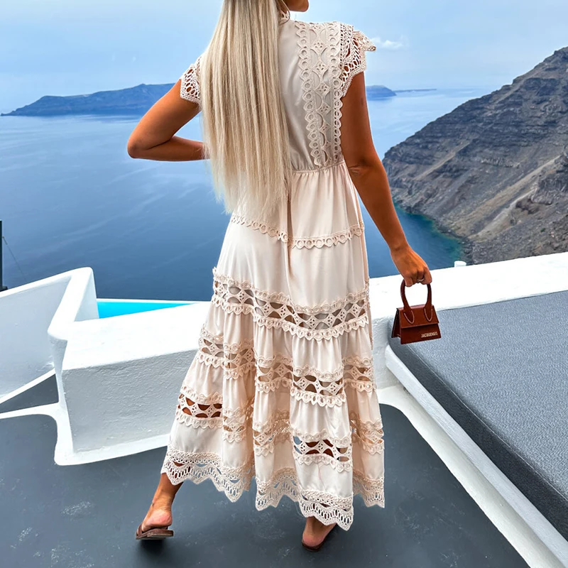 Women Elegant O-neck Button-up Hem Beach Dresses 2023 Solid Lace-up Loose Party Dress Fashion Stitch Lace Hollow Party Dress