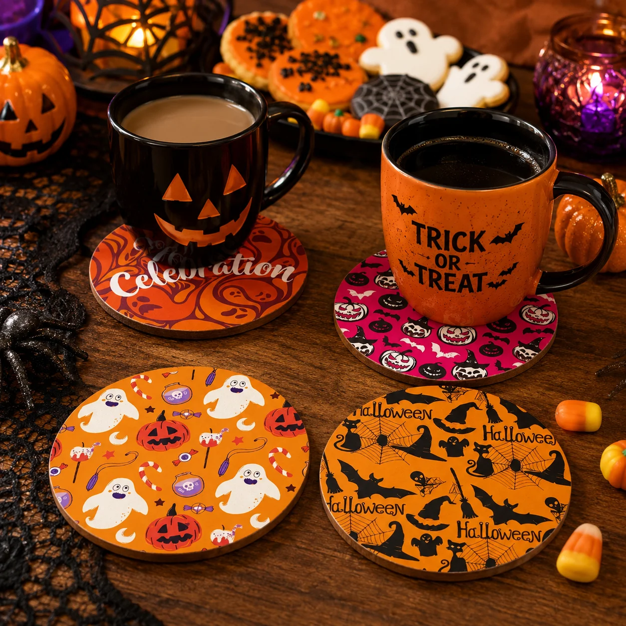 4Pcs Wooden Round Halloween Coasters, Bat Pumpkin Ghost Prints, Non-slip Coffee Teapot Mats, Fall Autumn Table Ornaments Gift