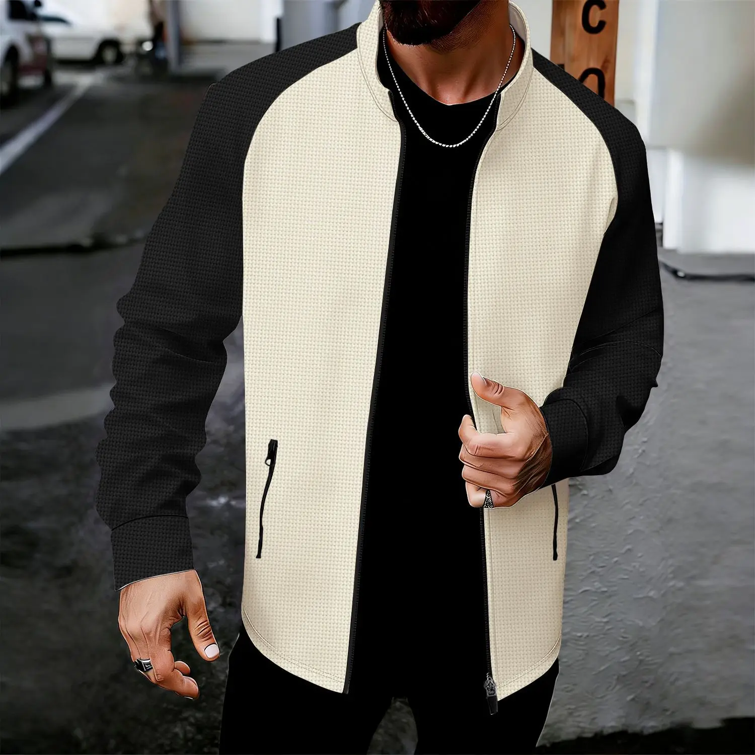 All-Season Heavyweight Stand Collar Waffle Color-Block Zip-Up Jacket Men's Casual