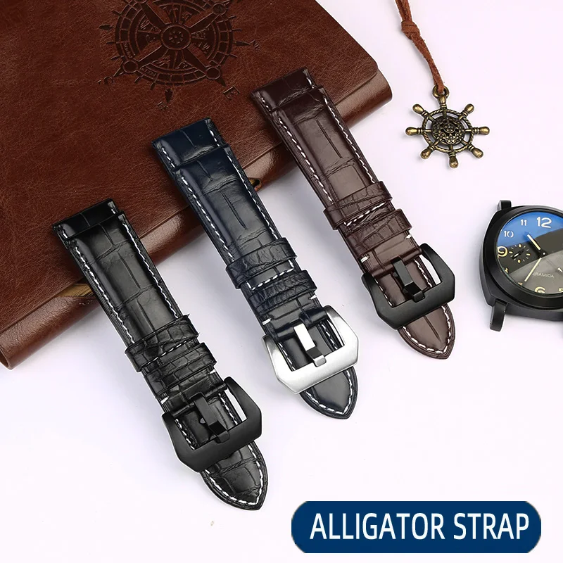 For Panerai Bamboo Crocodile Leather Watch Strap Genuine Leather Strap Pin Buckle 22 24mm Watch Accessories