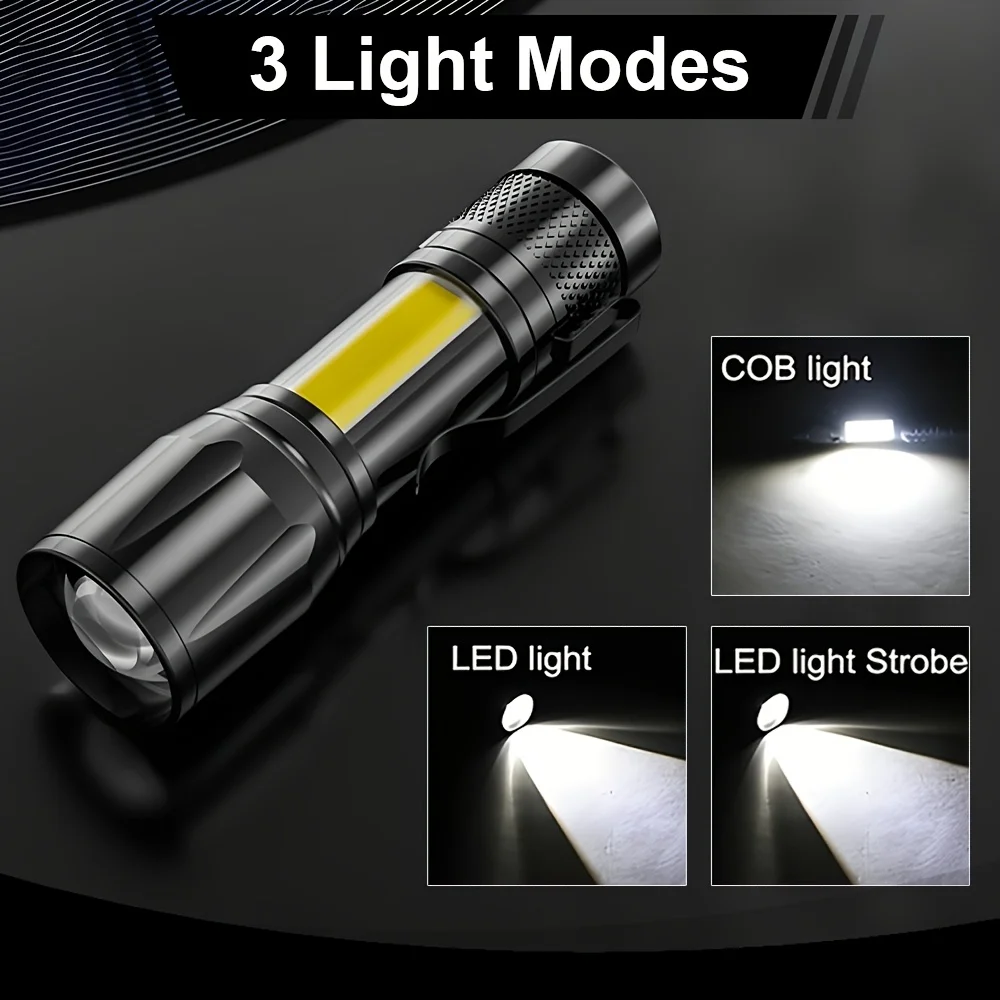 USB Rechargeable Mini Flashlight COB+XPE Portable Built-in Battery Zoomable Small Torch 3 Mode Camping Emergency Flashlights