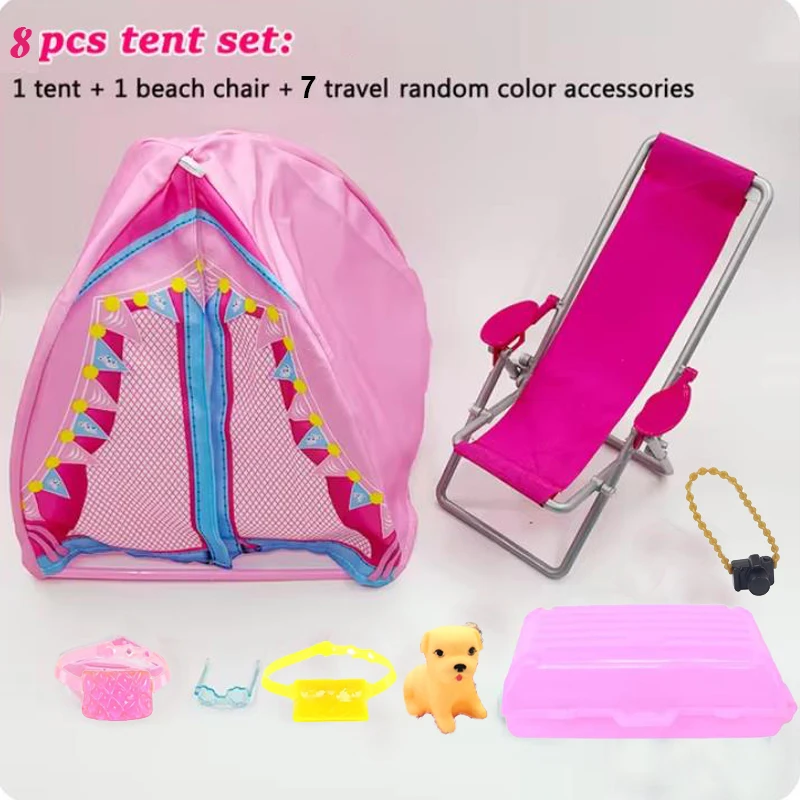 【NO DOLL】8Pcs Tent Beach Chair Travel Accessories Fashion Playhouse Fun Camping Game Doll Accessories Toys for Children Christma