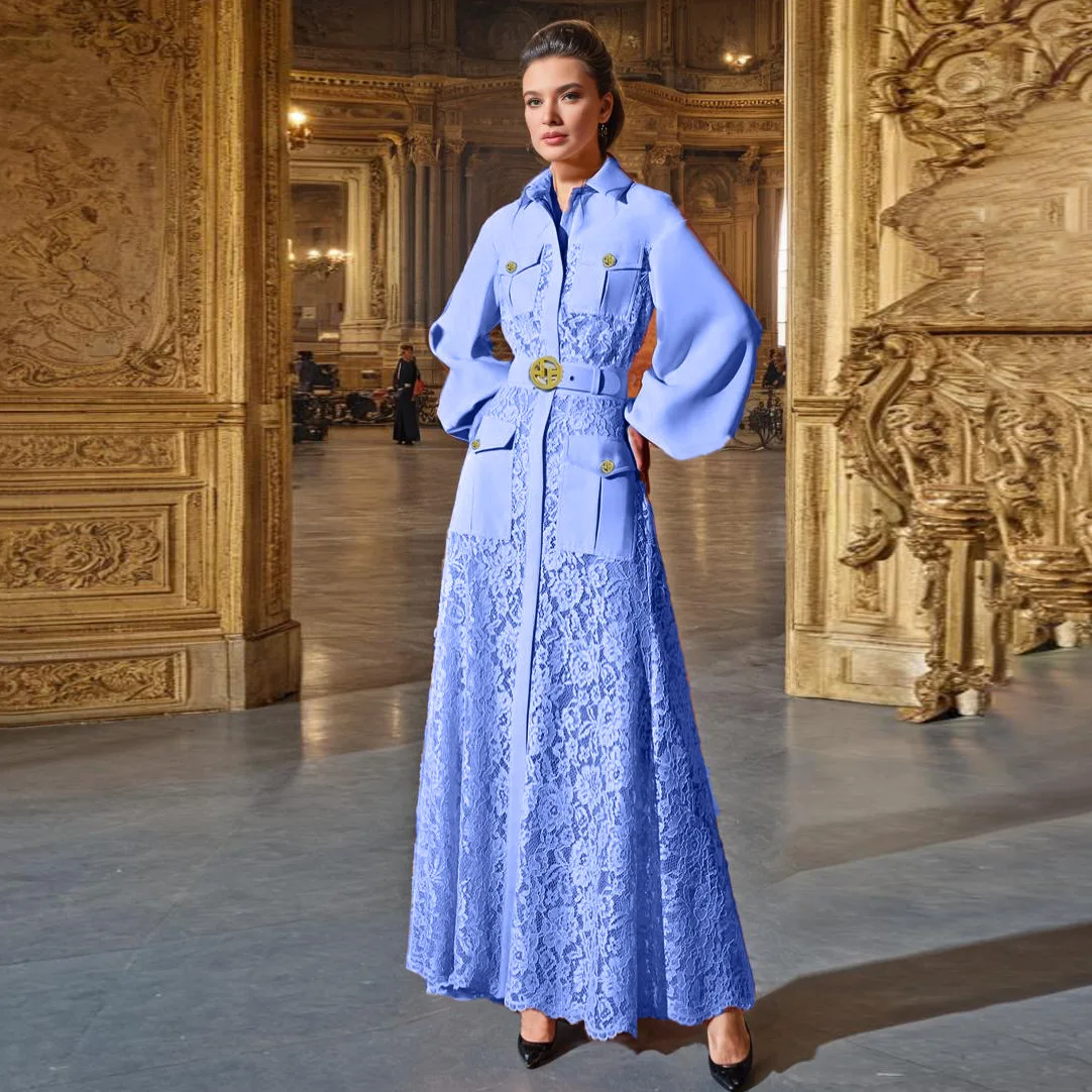 

Lapel lantern long sleeve single breasted belt lace long temperament dress fashionable simple luxury temperament elegant high-en