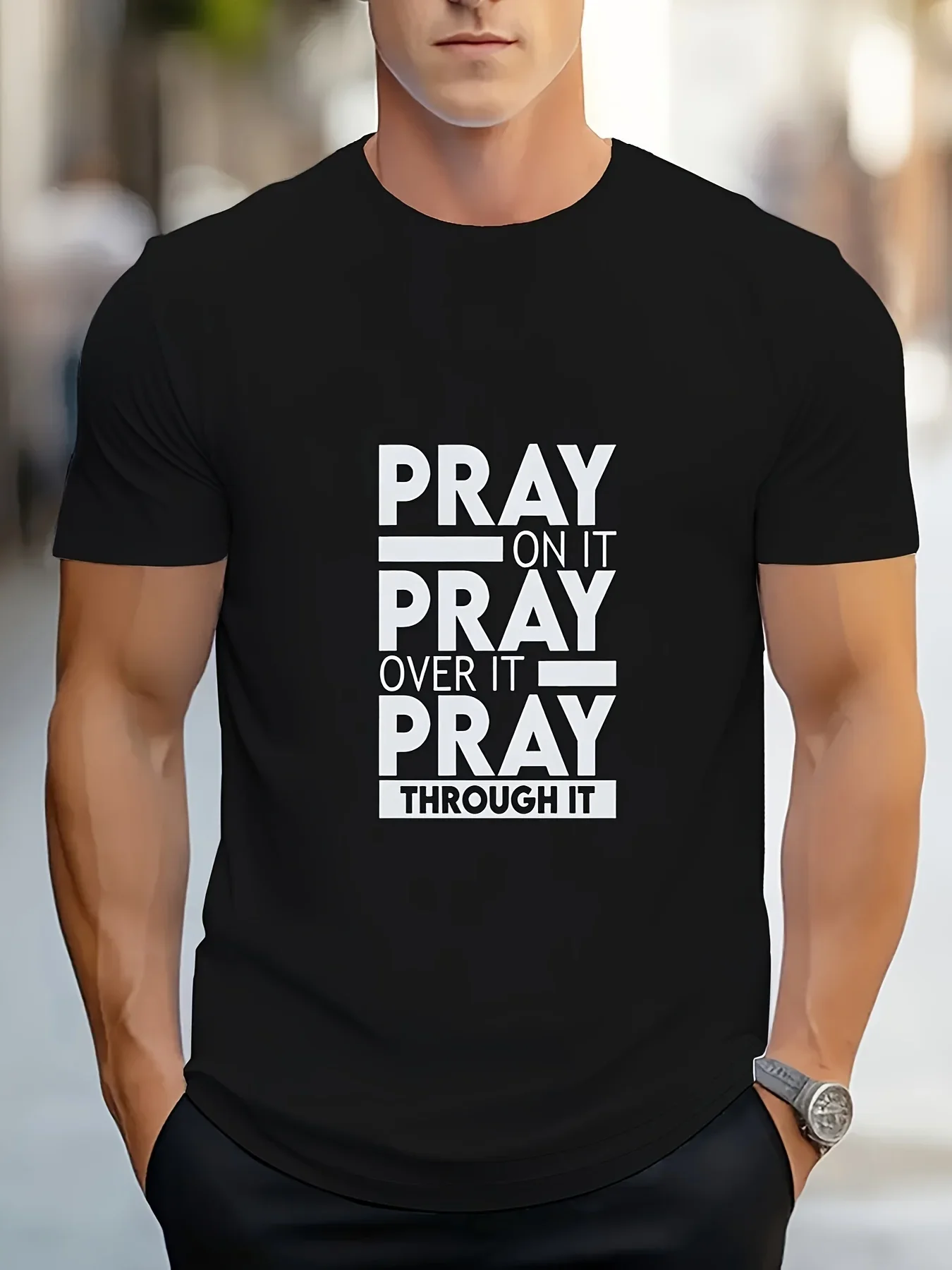 

Casual T Shirt Light Blue Men's Casual Fashion T Shirt with Pray On It Pray Over It Pray Through It Motif Crew Neck