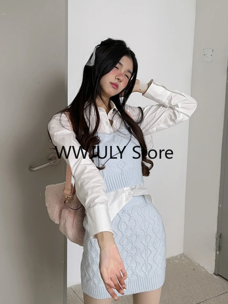 Japanese Fashion Suit Skirt Woman Sweet Crop Tops Slim Bodycon Mini Skirt Knitted Sweater 3 Piece Set Office Lady 2023 Autumn