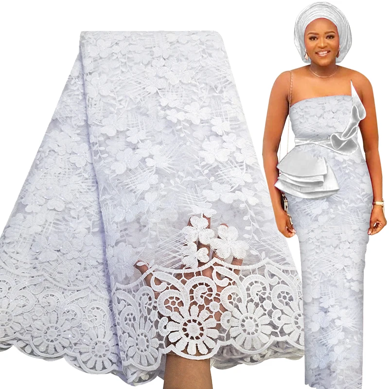 Bestway Elegant White African Lace Fabric 5 Yards High Quality Nigerian Wedding Asoebi Dress Material Sequins French Tulle Laces