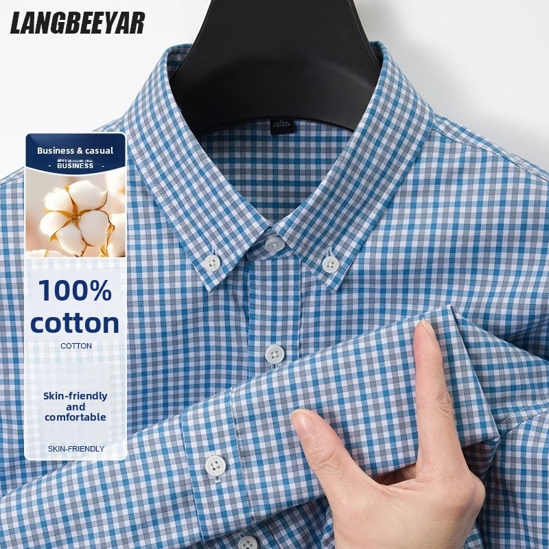 

Премиум, 100% хлопок, против морщин, модные клетчатые брендовые облегающие мужские рубашки, 2025 г., дизайнерские повседневные топы на пуговицах с длинными рукавами