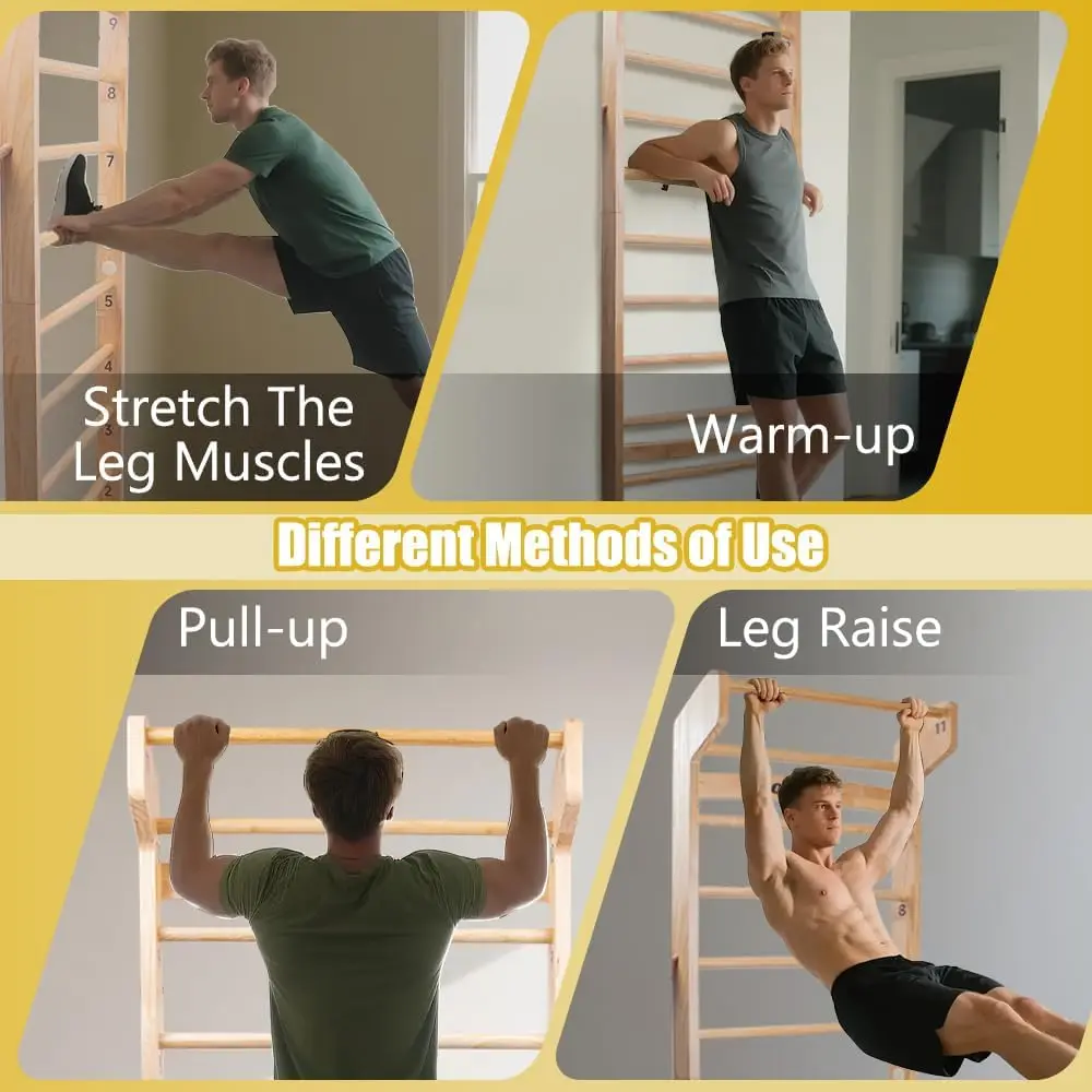 سلم خشبي سويدي مع 11 قضبان استراتيجية، مع حامل يصل إلى 330 رطلاً، قضيب كشك، يشمل أشرطة التمرين + شريط مقاومة للسحب + Pu #3