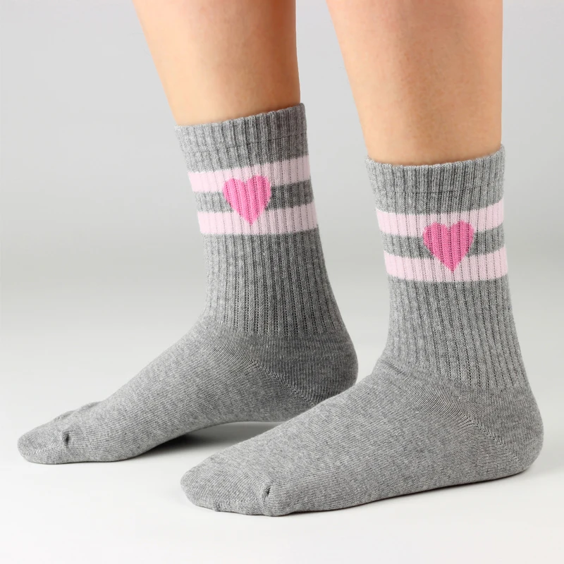 4 pairs long pink, white and grey girls' sports socks,  a retro striped heart pattern.  kid's socks suitable for all seasons. image 4
