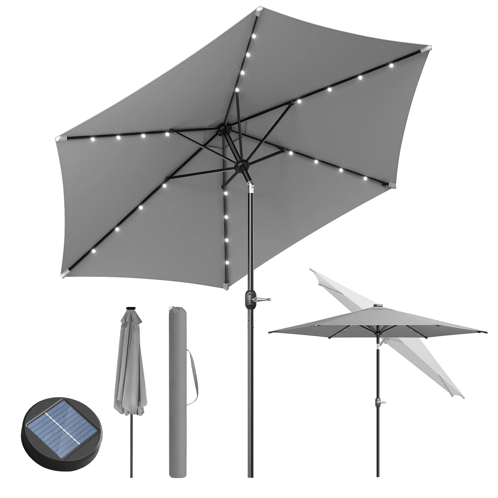 WOLTU Parasol de jardin avec éclairage solaire LED, protection UV 50+, parasol rond d'extérieur avec housse pour balcon et terrasse
