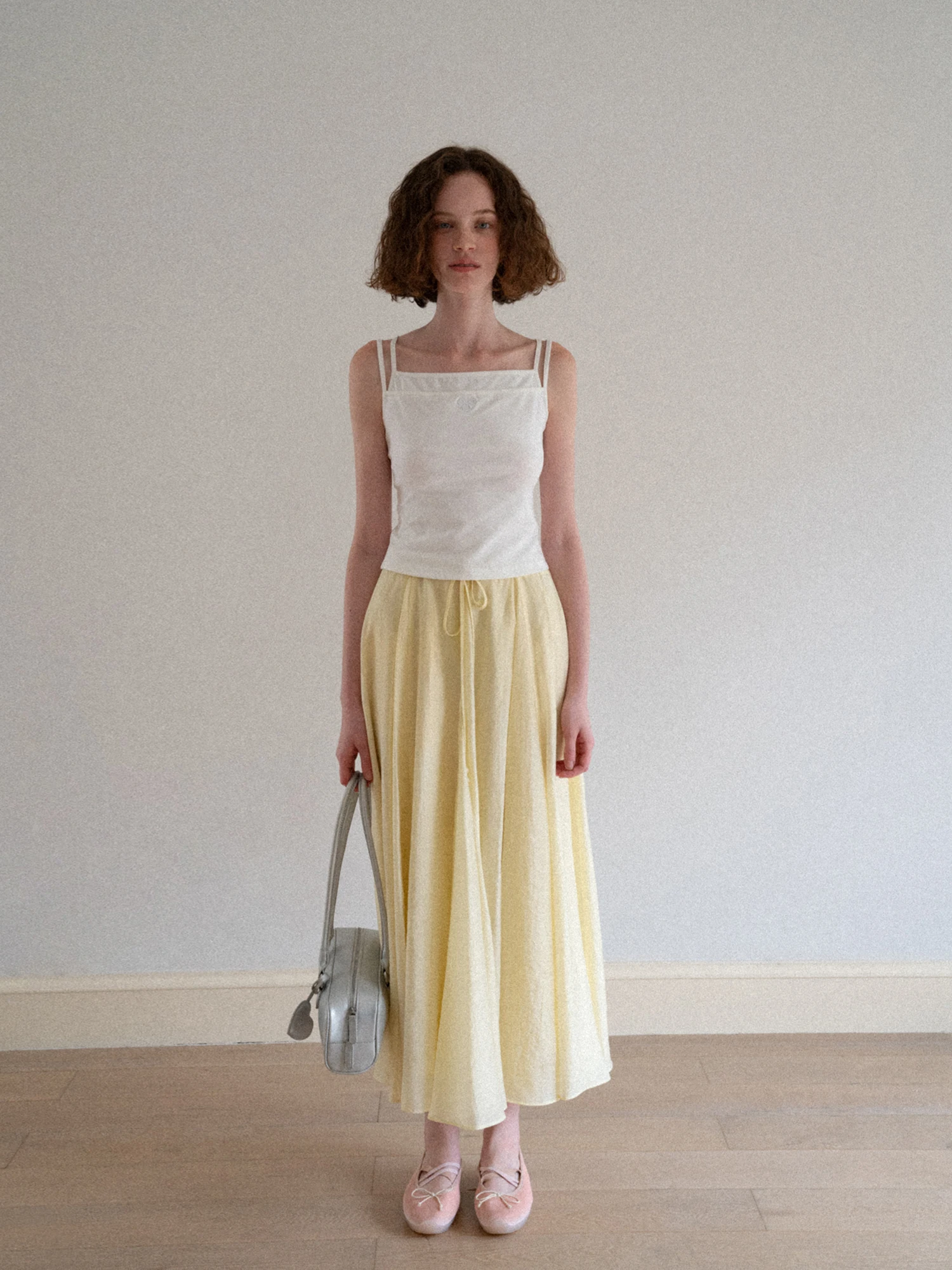 Yellow Half-length Skirt with Belt Casual Loose Fit Women's  Color Summer Korean Style Pure Color Long Dress