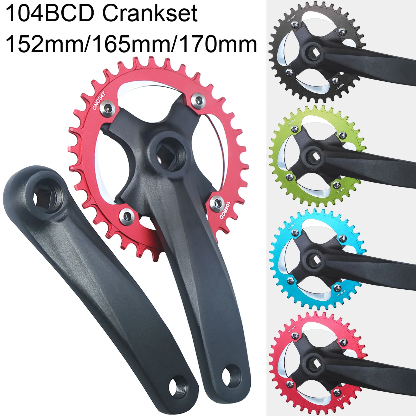 Bicycle Square Hole Sprocket 104BCD 152mm/165mm/170mm Crank Arms 32/34/36/38/40/42T Narrow Wide Chainwheel MTB Bike Crankset