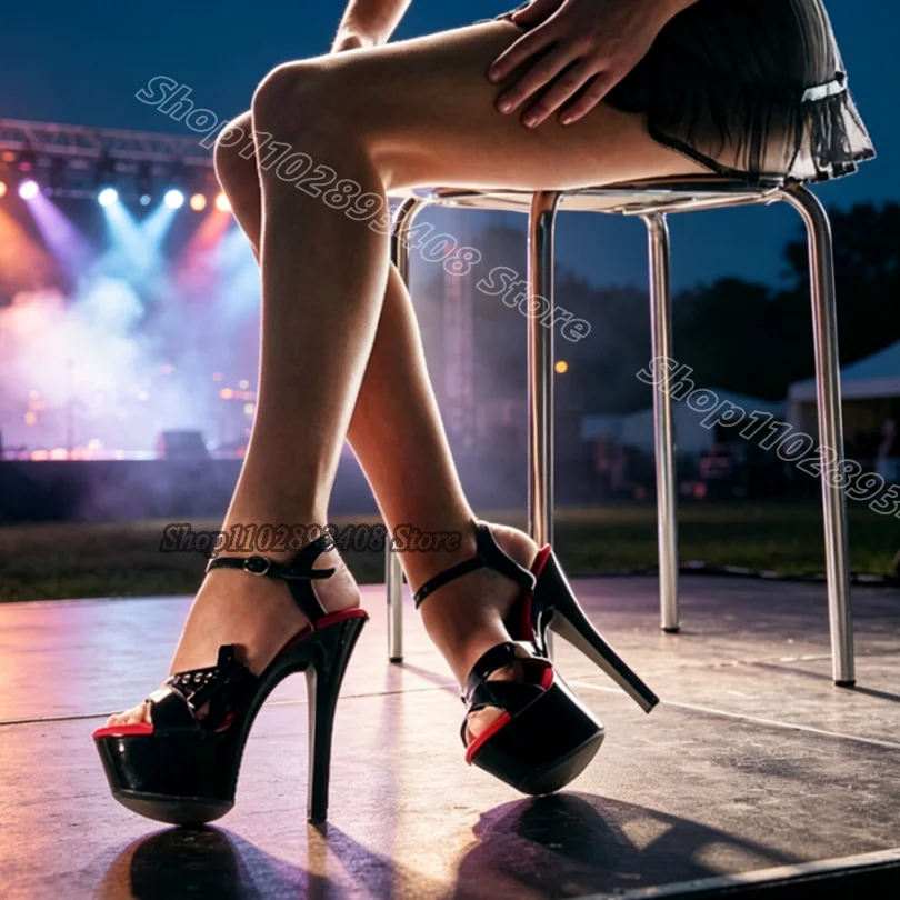 Black Bowknot Decor Stiletto 15CM Sandals Platform Solid Ankle Buckle Open Toe Women Nightclub Sexy Sandals Zapatos Para Mujere