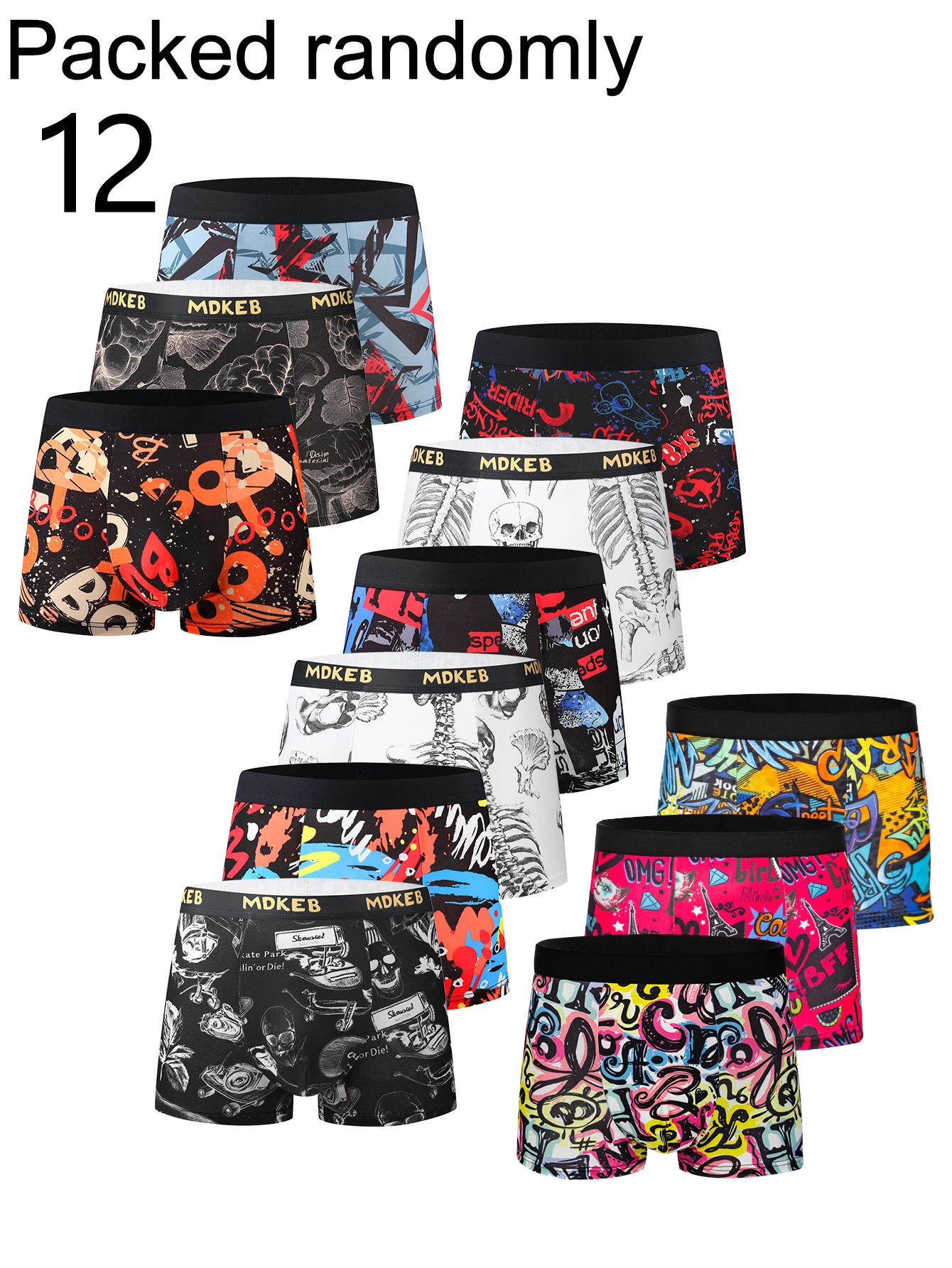12-Pack Men's Graffiti Print Boxer Briefs Trendy Skull Retro Pattern Elastic Men's Boxer Shorts Random Packaging Shipping