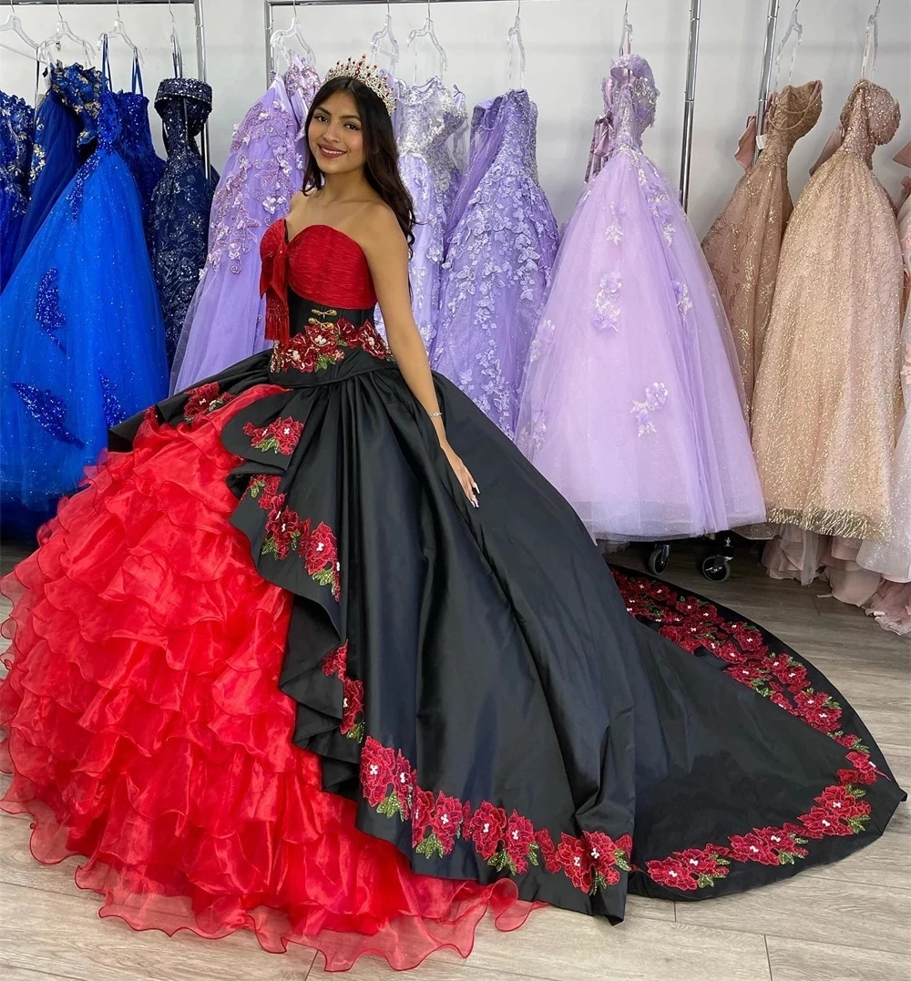 Schwarz rot Prinzessin Quince anera Kleider Ballkleid Schatz Organza Applikationen gekräuselt süß 16 Kleider 15años mexikanisch