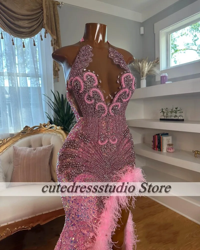 Sparkle Crystal Pink Prom Dresses 2025 Halter Afrcian Feather Sequin Party Gown Evening Dress Customized vestidos de graduación