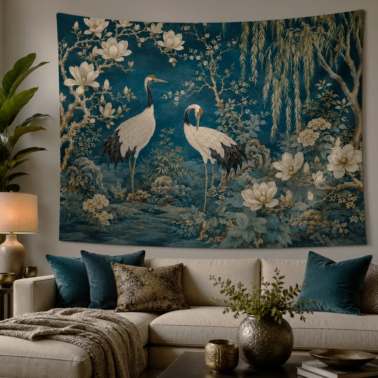 Vintage Chinoiserie Red Crowned Crane Tapestry, Dark Teal Magnolia Oriental Garden Wall Hanging, Bedroom Room Wall Decor Cloth