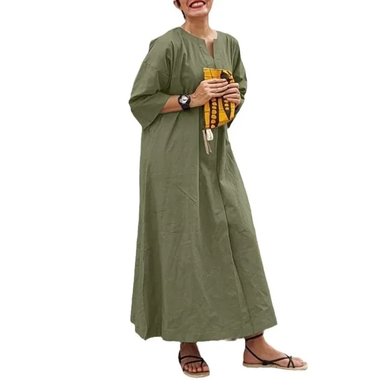 Abaya-Robe en coton et lin pour femmes musulmanes, vêtements du Moyen-Orient turcs, robe décontractée arabe, dubaï, uni, grande taille