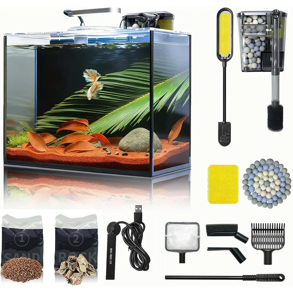

3 Gallon Small Aquarium Set Glass Fish Tank, Starter Kit with Heater Water Pump Cleaning System Filter Bright Light Rocks Gravel