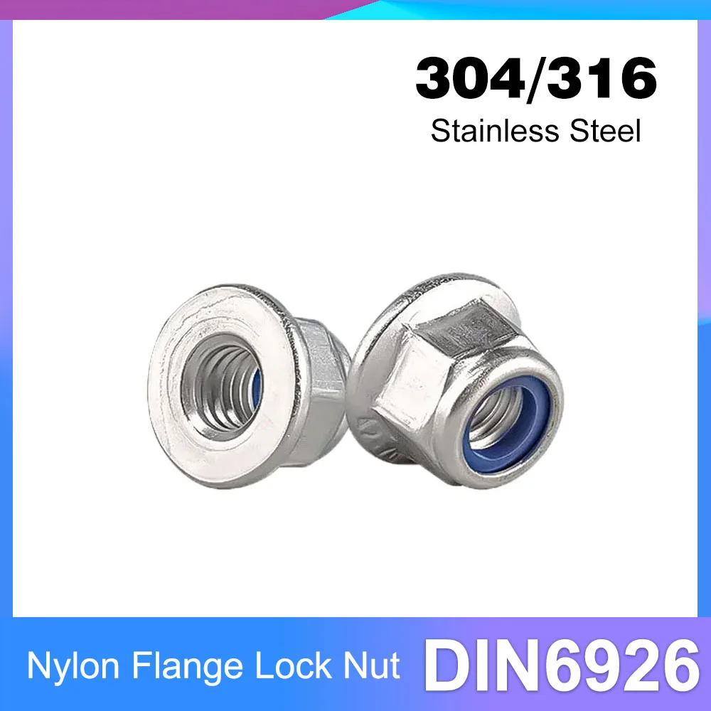 M4 M5 M6 M8 M10 DIN6926 304/316 Porca de bloqueio de flange de nylon hexagonal de aço inoxidável Inserção de nylon Porca de travamento automático