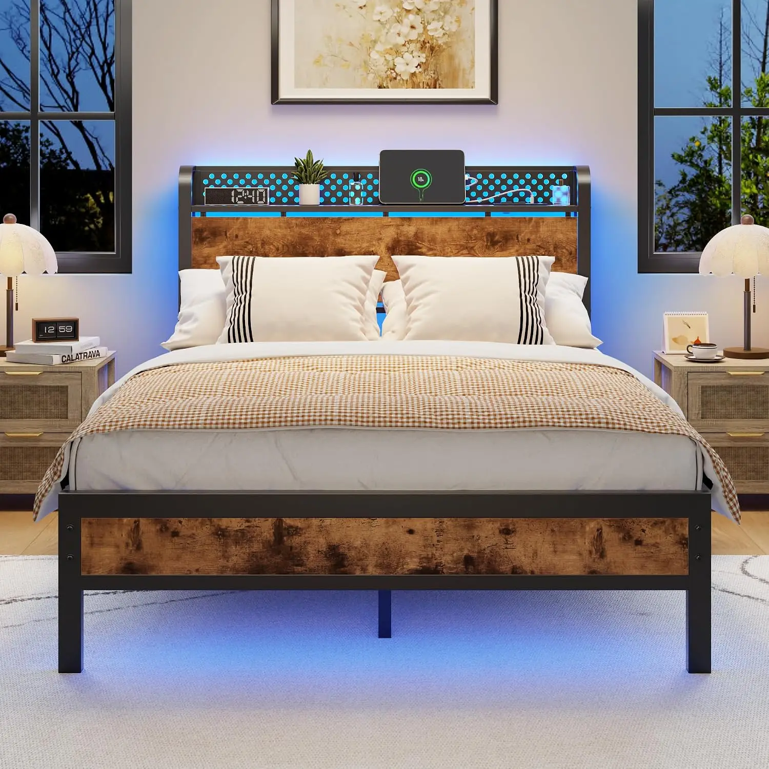 Full Bed Frame with Headboard, USB Charging Station & LED Lights, Customized