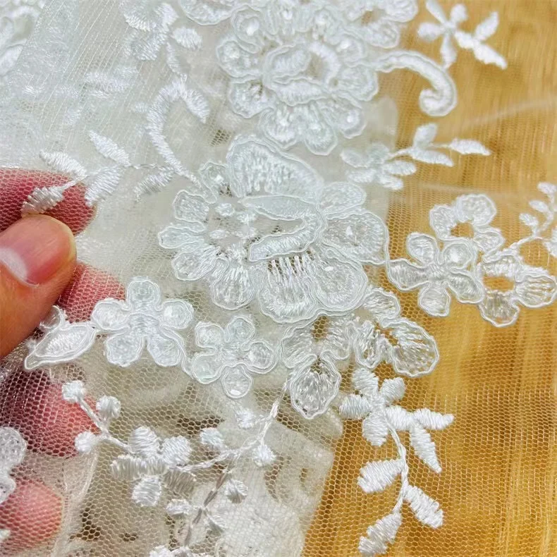 

SU fashion flower lace fabric with sequins wedding gown dress lace fabric elegant lace fabric sell by 5 yard