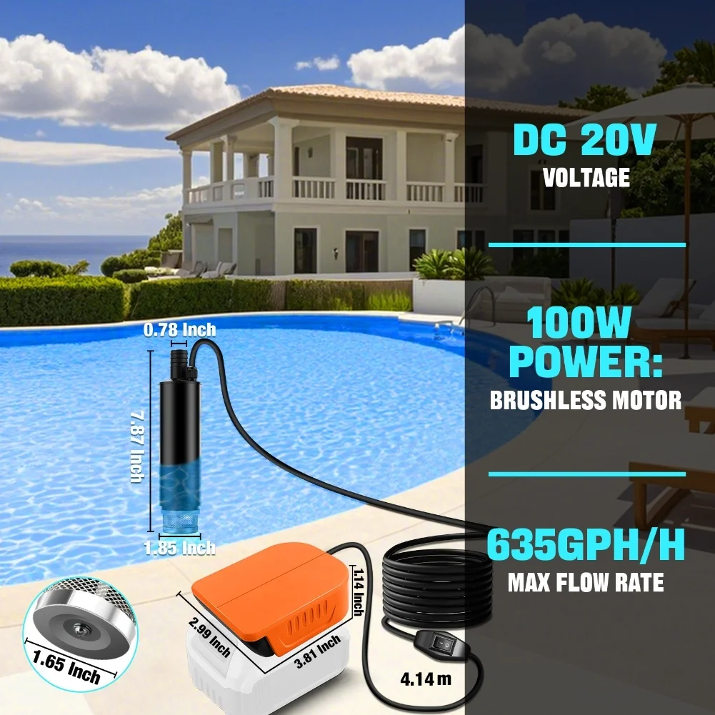 Die elektrische kabellose Tauchpumpe ist mit 18-V-Batterieadaptern Bosch/Dewalt kompatibel und eignet sich für Gärten, Pools, Teiche