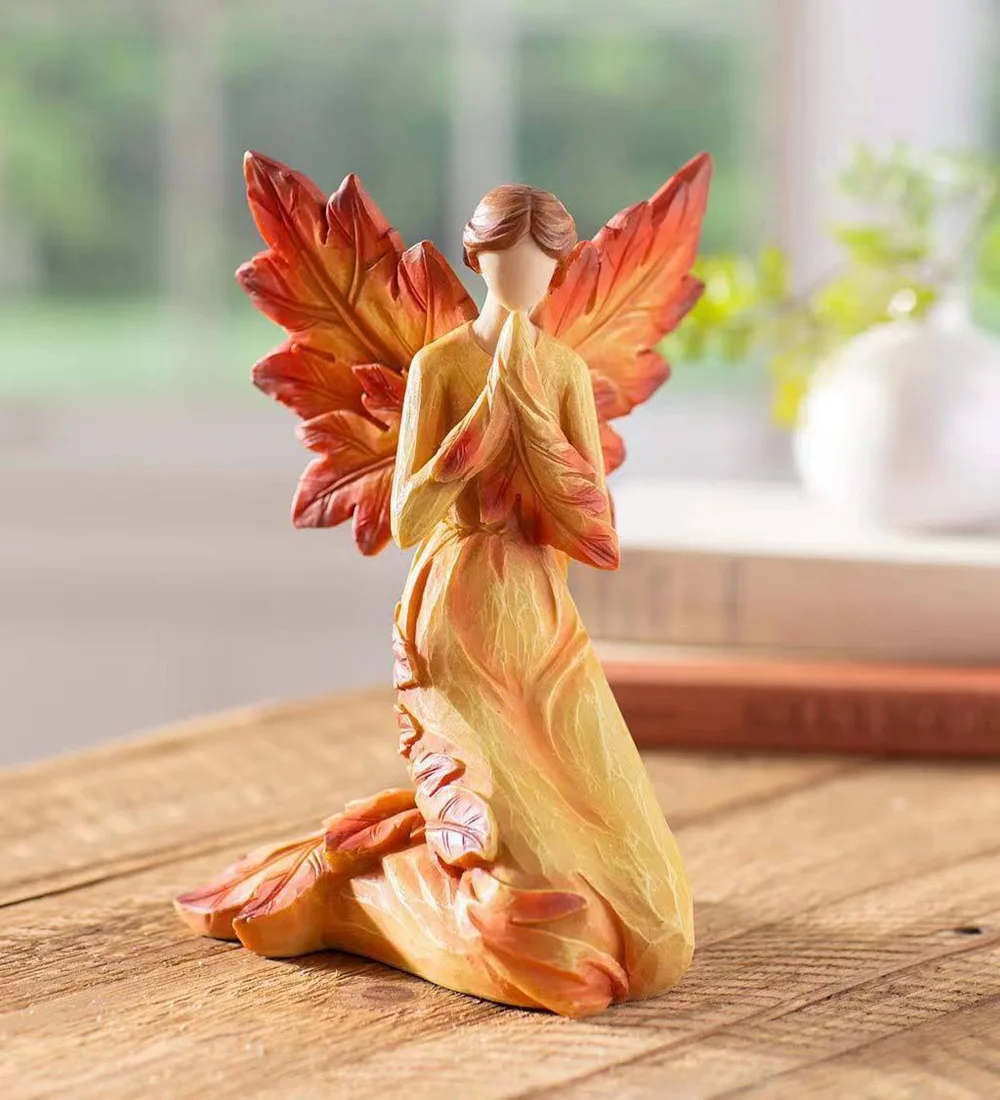 Kneeling Autumn Angel Resin Crafts Maple Leaf Angel Ornament Desktop Decoration Living Room Bookshelf Home Office Bedroom