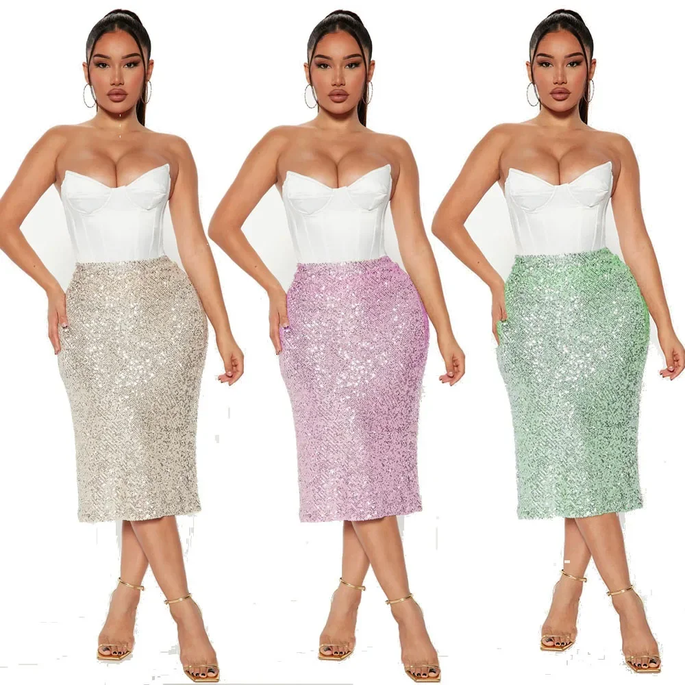 

Spring New Women's Skirts Solid Color Versatile Fashion Sequin Slimming High Waist Mid Length Commuter Skirt for Women