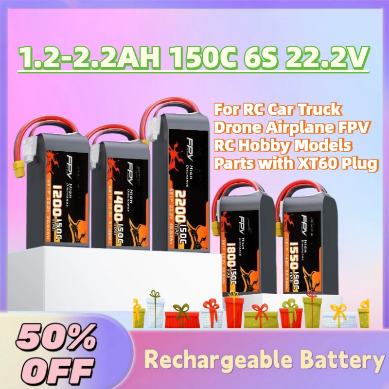High-Performance 1.2-2.2AH 150C 6S 22.2V Lipo Battery for RC Car Truck Drone Airplane FPV RC Hobby Models Parts with XT60 Plug