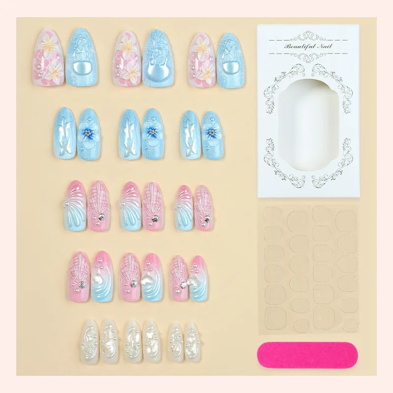 24PCS Pink Blue Gradient Almond Press on Nails Ocean Mermaid Style Nail Tips 3D Jellyfish Flower Shell Fake Nails Beach Vacation