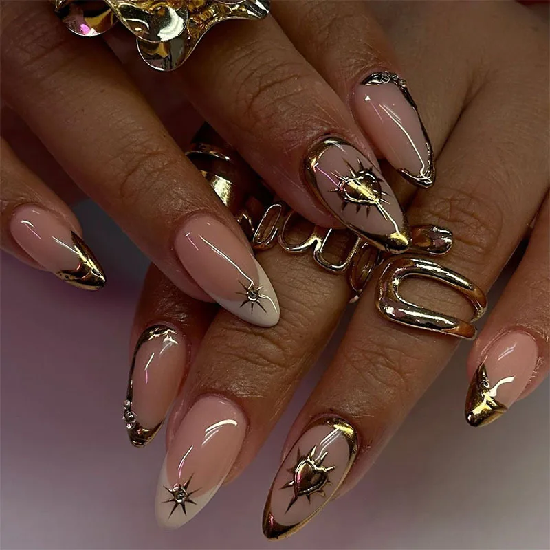 

24Pcs Mid-length Almond False Nails Gold Irregular French Fake Nail Love Heart Starburst Rhinestone Reusable Press on Nails Tips