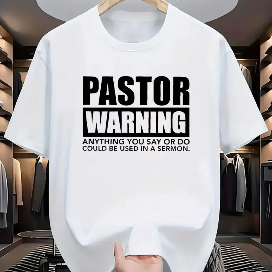 Camiseta con estampado de carta de advertencia del pastor para hombre, cuello redondo blanco, manga corta, diseño religioso humorístico, cómoda, transpirable, informal