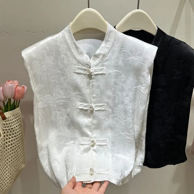 

Chinese Style Buckle Jacquard Sleeveless Shirt Women Short Sleeve Summer Fashion Women's Clothing Stand Collar Shoulder Top