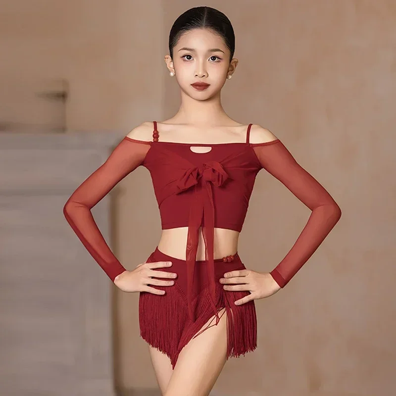 Traje de baile latino para niñas, ropa de actuación, Tops rojos, falda con borlas, conjunto de práctica, ropa de competición de baile Cha Rumba, 2025