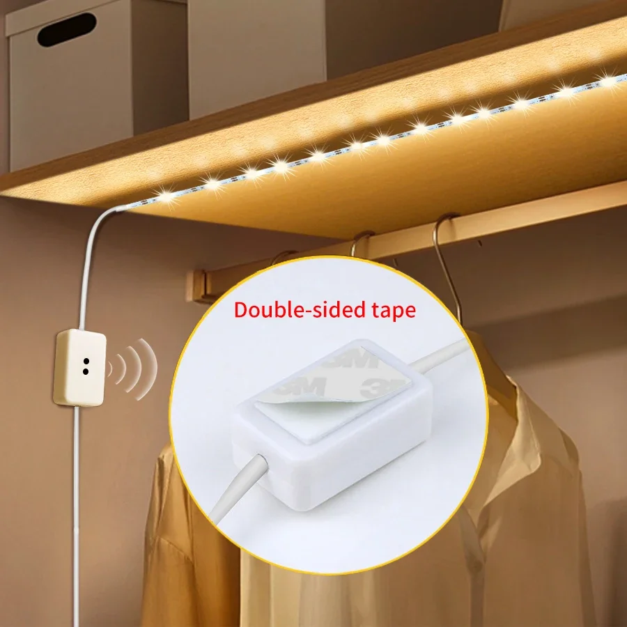 Lampu kabinet LED sapu tangan 1m-10m 5V lampu Strip LED dengan saklar Sensor Pindai tangan untuk kamar tidur lemari kabinet dapur tangga