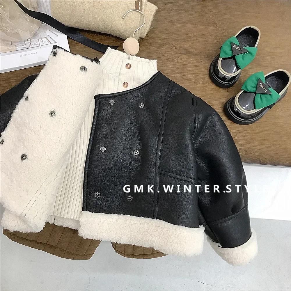 Outerwear Girl Coat Loose Coat Lamb Cashmere Faux Fur Winter New Baby Leather Clothing Locomotive Suit Thickening 2024