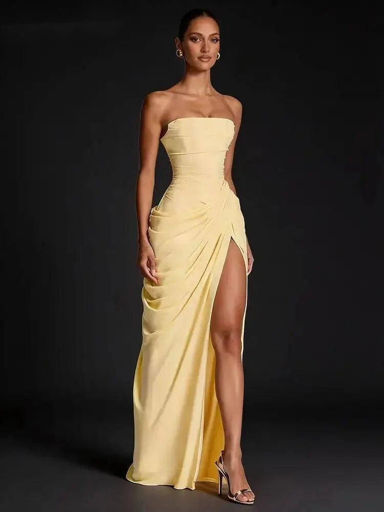 

Fashion Ruched Slit Strapless Dresses Women's Sleeveless Bodycon Yellow Maxi Party Dresses New 7IEWH