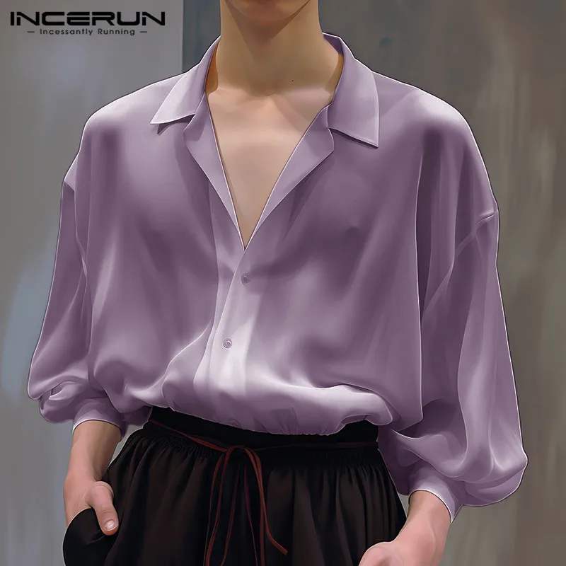 

INCERUN Men Shirt Solid Color Lapel Long Sleeve Loose 2024 Casual Thin Shirts Streetwear Transparent Fashion Men Clothing S-5XL