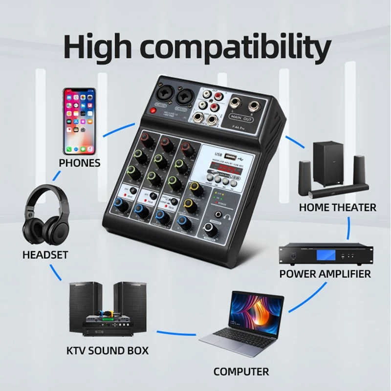 4 Channel Audio Mixer Sound Board Mixing Console Input 48V Phantom Power Stereo DJ Mixers For Recording KTV