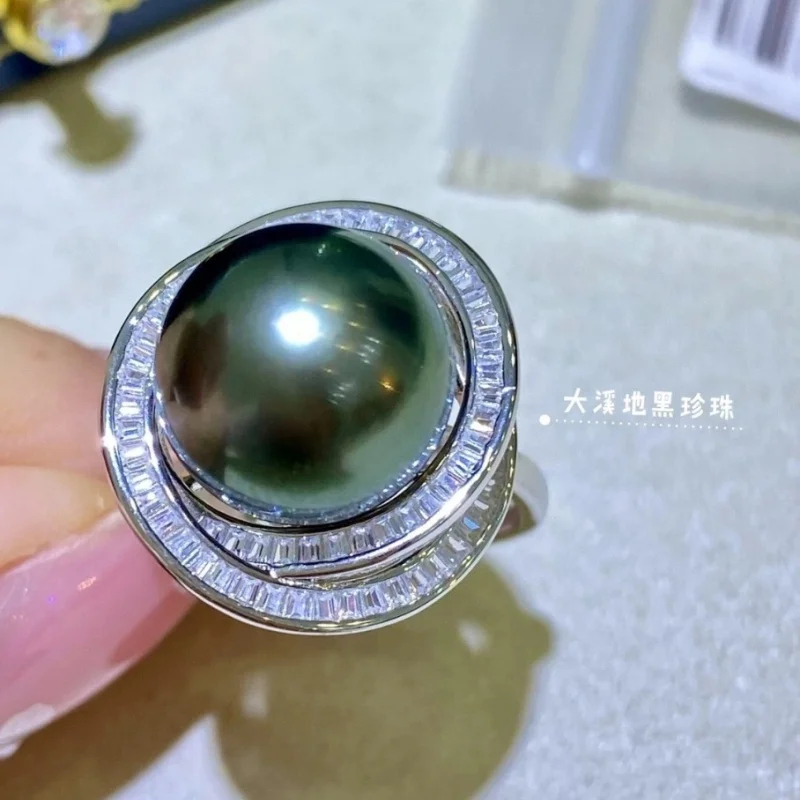 Minimalist Large 11-12mm South Sea Black Green Circular Pearl Ring 925S AAAA+ Quality Elegant Jewelry Accessory