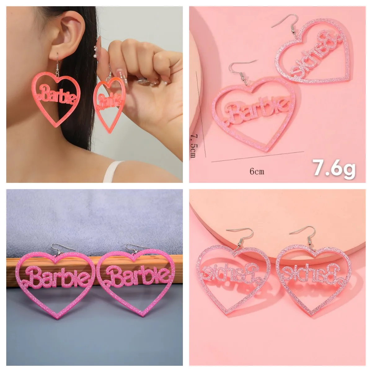 Kawaii Barbie Pink Love-Shaped Earrings Barbies Letter Acrylic Pendant Jewelry for Women Girls Fashion Ladies Makeup Accessories