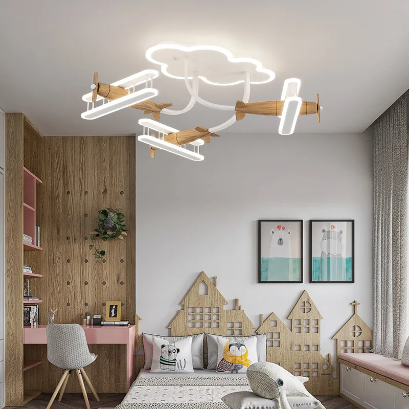 Plafoniere Creative per camerette per bambini LED plafoniere per aeroplani in legno massello moderne e calde per la cameretta del ragazzo