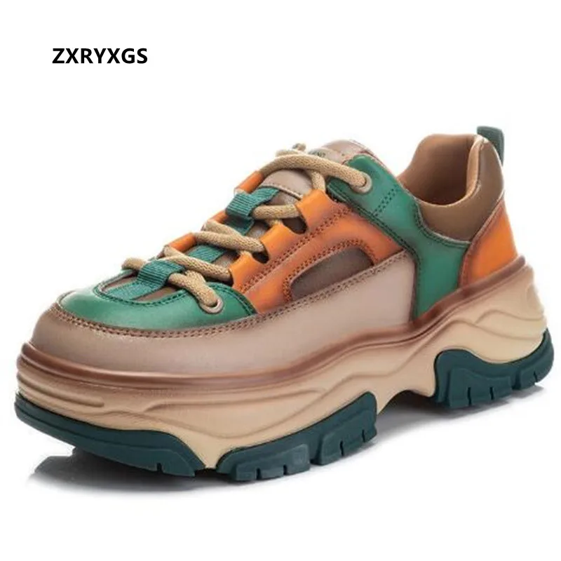 

2024 New Spring Spell Colors Full Genuine Leather Sneakers Trendy Shoes Thick Sole Increase Shoes Casual Sneakers Women Shoes