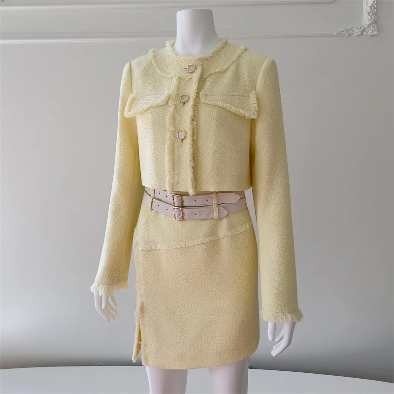 2023 Fashion Women Jacket Long Sleeved Light Yellow Short Top And Short Skirt Slim Autumn Winter Ladies Suits