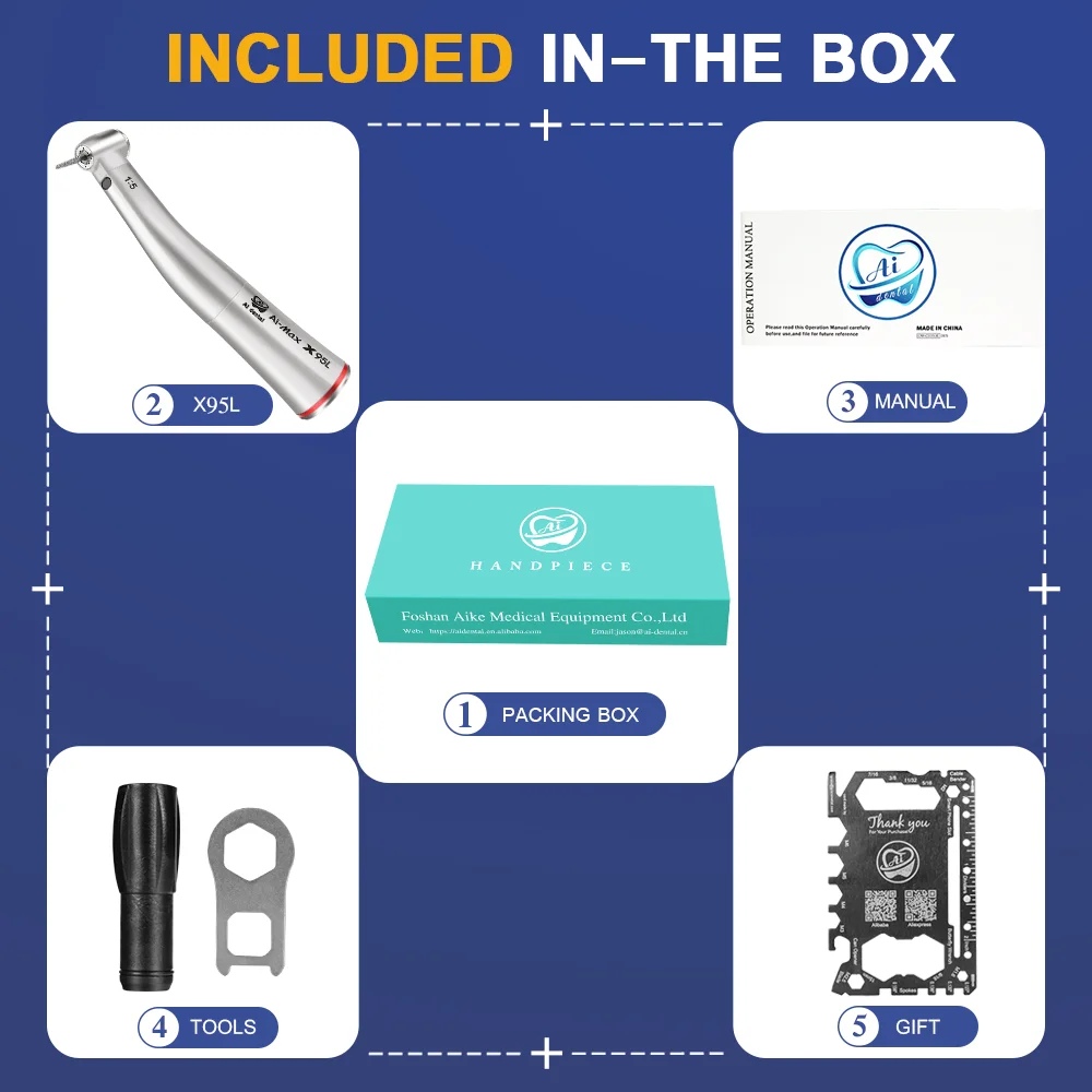 Dental 1:5 Increasing Contra Angle Low Speed Handpiece With Optic Fiber E-type Air Motor Quattro Water Spray Push AI-X95L