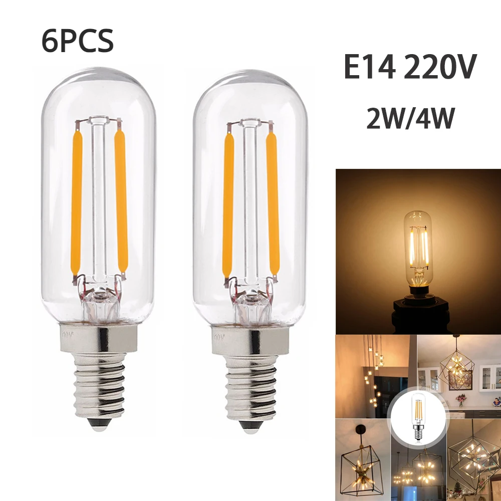 

6PCS Led Filament Edison Light Bulbs E14 Small Screw 2W 4W T25 Warm White 2700K Extractor Fan Bulb Tubular Vintage Lamp Bulb