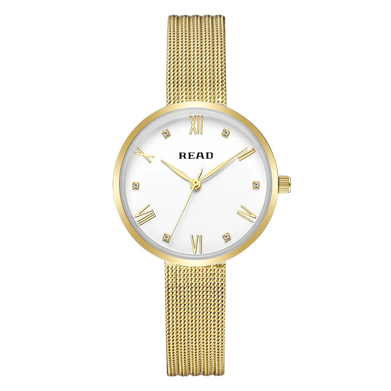 READ Women Quartz Watch | Minimalist Dial | Gold‑Tone Stainless Steel Mesh Band | Daily Water Resistant Ladies Wrist Watch