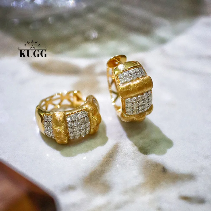 KUGG 100% 18K Yellow Gold Earrings Vintage Palace Style Real Natural Diamond Hoop Earrings&Ring for Women High Party Jewelry Set