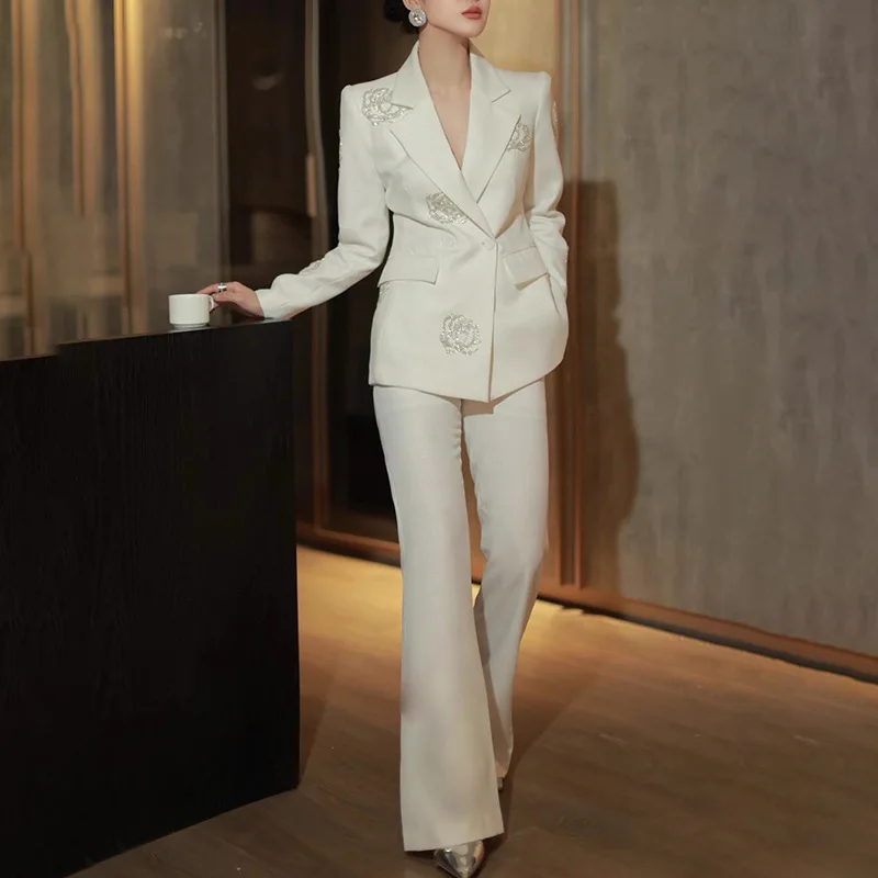 Stylish Two-piece Suit Set with Heavy Beading and Rhinestone Embellishments Single-button V-neck Blazer + High-waisted Trousers